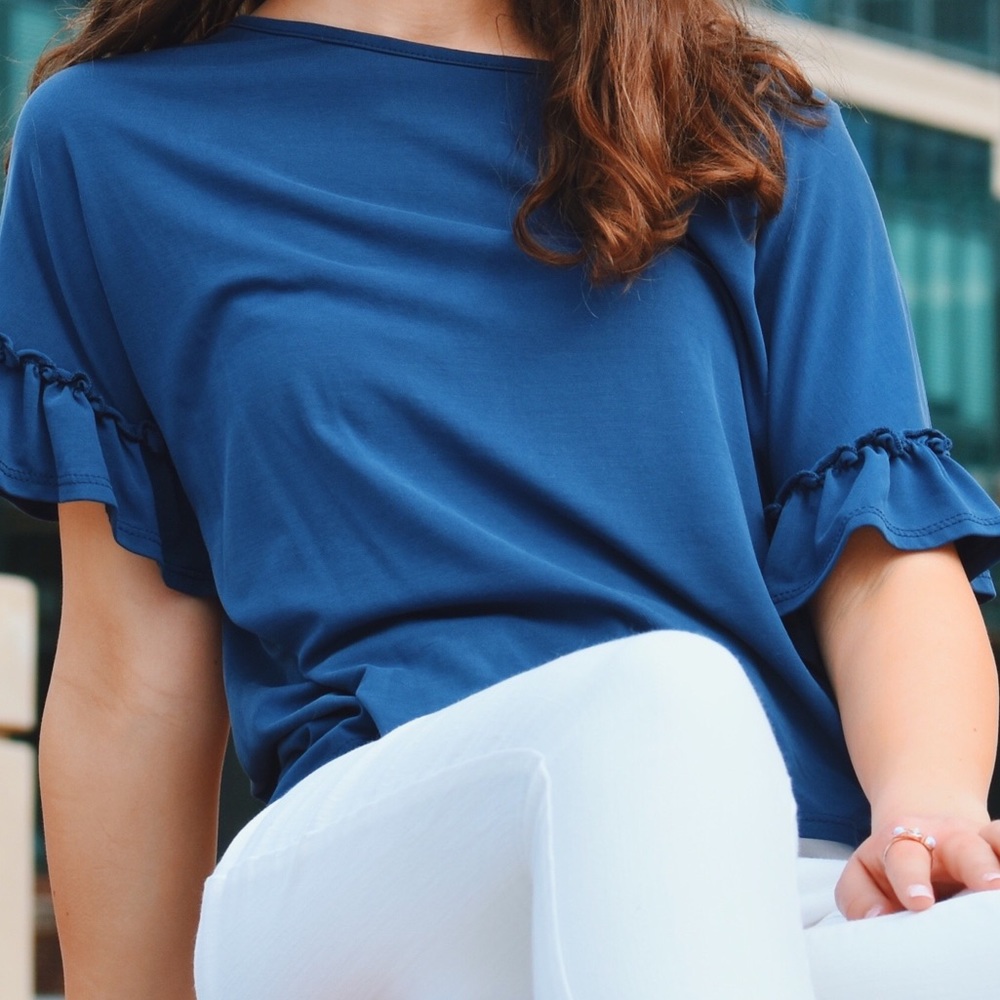 Navy Top with Ruffles on the Sleeves